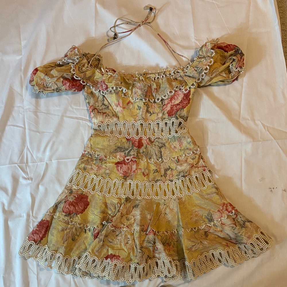 Zimmermann Yellow Floral Puff-Sleeve Dress with Pearl Trim